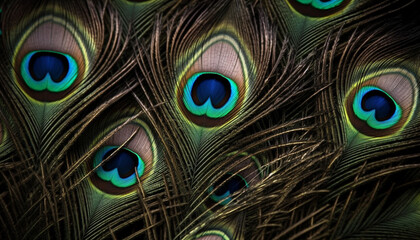 Obraz premium Vibrant peacock feather showcases beauty in nature multi colored elegance generated by AI