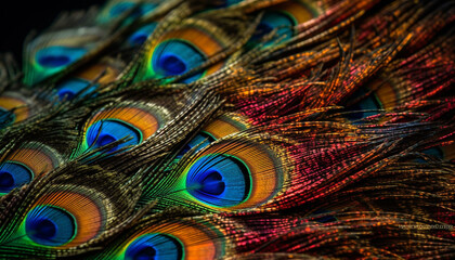 Obraz premium Vibrant colored peacock feather showcases nature beauty in abstract patterns generated by AI