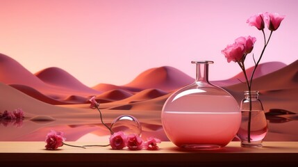 Glass vase in a pink desert garden. Beauty in nature. Generative AI	