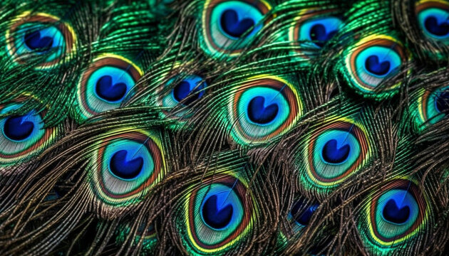 Vibrant colors of peacock feathers showcase nature elegance and beauty generated by AI