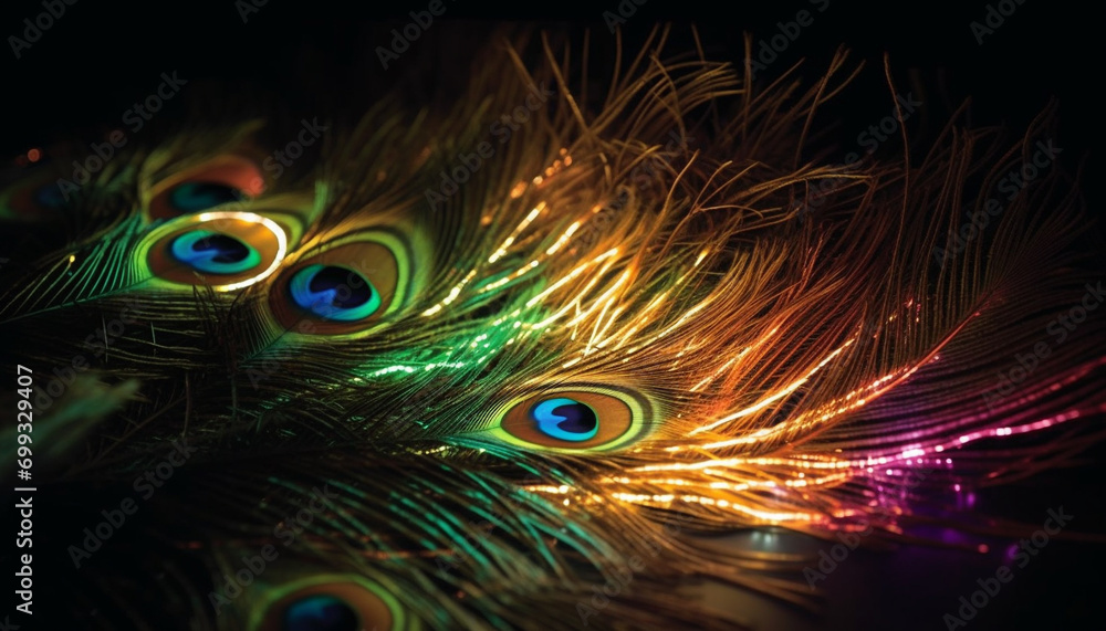 Poster vibrant peacock feathers showcase nature elegance in multi colored patterns generated by ai