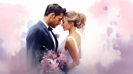 Generative AI image of a copy space banner of a watercolor painting of bride and groom for wedding illustration, in the style of romanticist
