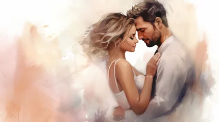 Fototapeten Generative AI image of a copy space banner of a watercolor painting of bride and groom for wedding illustration, in the style of romanticist © Eitan Baron