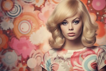 Woman with retro hairstyle against abstract circles