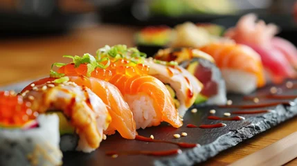 Fotobehang Sushi japan cousine, healthy asian dish restaurant concept of hosomaki, futomaki and nigri © AdamantiumStock