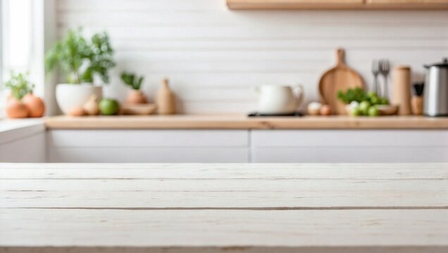 Empty White Wooden Table Background Blurred Kitchen, White Wooden Table
