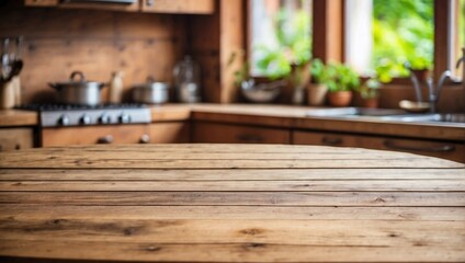 Old Empty Wooden Table, Blurred Kitchen Background, Wooden Table