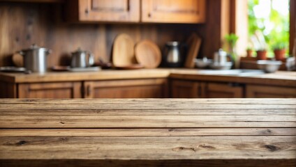Fototapeta na wymiar Old Empty Wooden Table, Blurred Kitchen Background, Wooden Table