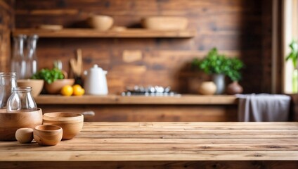 Fototapeta na wymiar Blurred Kitchen on Empty Wooden Table Background, Wooden Table