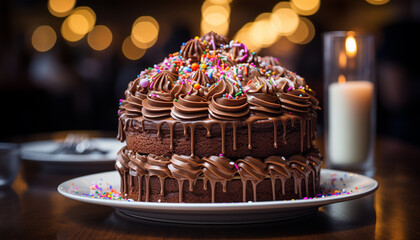 Gourmet chocolate cake, homemade decoration, birthday celebration, indulgence generated by AI