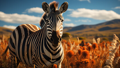 Zebra grazing on the savannah, surrounded by beauty in nature generated by AI