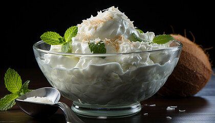 Freshness in a bowl dessert, cream, fruit, gourmet, healthy eating generated by AI