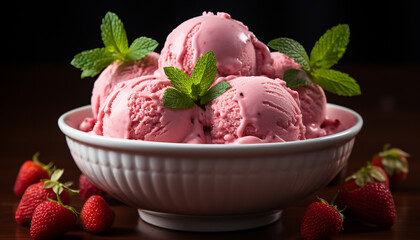 Fresh strawberry and raspberry ice cream in a bowl generated by AI