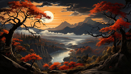 Autumn landscape forest, mountain, sunset painted in yellow and orange generated by AI