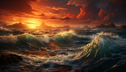 Majestic sunset, breaking waves, sky reflecting in water generated by AI