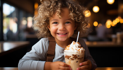 Smiling child holding milkshake, enjoying sweet dessert indoors generated by AI