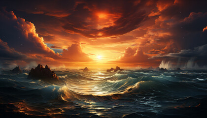 Sunset over water, nature beauty reflected in tranquil, majestic waves generated by AI