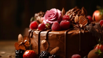 A gourmet dessert with fresh berries, sweet cream, and chocolate generated by AI