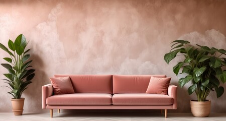 Pink velvet sofa with a plant in a pot against the background of a wall with decorative plaster. Scandinavian interior design of a modern living room