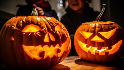 Smiling pumpkin lantern glows in spooky Halloween night celebration generated by AI