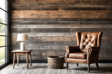 A rustic chair against the background of a wooden wall in a spacious room. Farmhouse room, modern living room interior design.