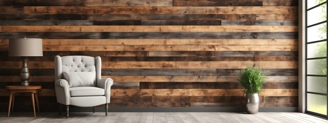 A rustic chair against the background of a wooden wall in a spacious room. Farmhouse room, modern living room interior design.