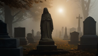 Tombstone stands in fog, symbolizing death and spirituality in Christianity generated by AI