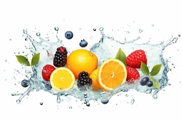 A fruity water splash with oranges, raspberries, lemons, on white with blue splashes and black dots. Generative AI