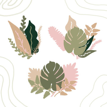 ilustraci&oacute;n a plum&oacute;n de arreglos de plantas. Clip art de hojas sobre transparencia