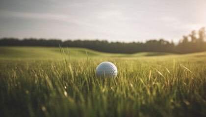 Golf ball on green grass, club hitting, sunset leisure activity generated by AI