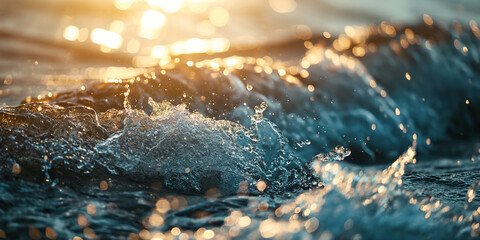 A close-up of an ocean wave with sparkling sun rays, during the golden hour at dusk