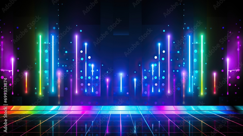 Poster neon lights, spotlights and ray.neon triangle frame with glowing effect on dark background. blank gl