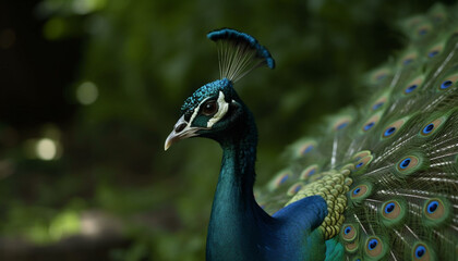 Obraz premium A majestic peacock displays vibrant colors in its natural habitat generated by AI