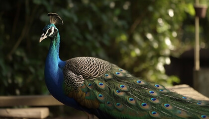 Naklejka premium Majestic peacock displays vibrant colors in nature elegant portrait generated by AI