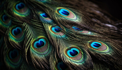 Obraz premium Vibrant peacock feather showcases nature beauty in multi colored elegance generated by AI