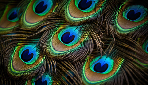 Peacock vibrant, multi colored feathers showcase nature beauty in abstract patterns generated by AI