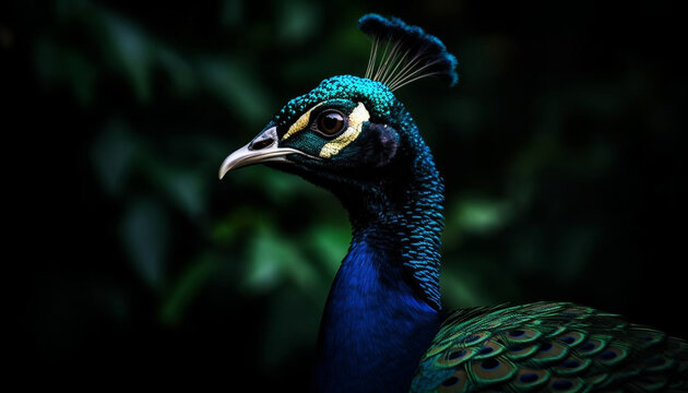 A majestic peacock displays vibrant colors in nature elegant portrait generated by AI