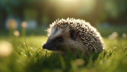 Cute hedgehog in grass, small mammal with bristle and fur generated by AI