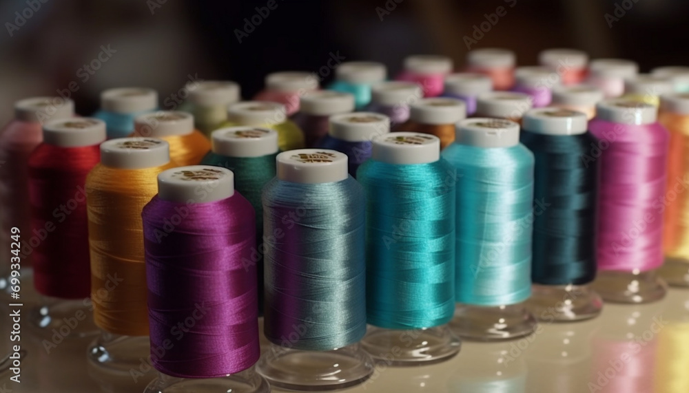 Poster multi colored spools of thread arranged in a vibrant rainbow pattern generated by ai