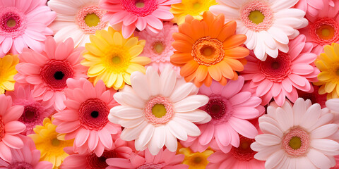 Bright floral background with colorful gerberas, top view, close-up
