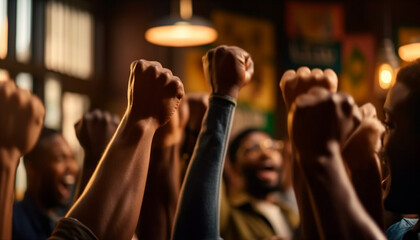 A diverse crowd celebrates success, cheering with raised arms generated by AI