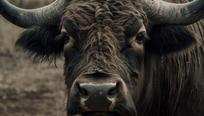 Cattle grazing on grass, close up portrait of cute cow generated by AI