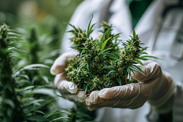 A scientist in a laboratory coat and gloves holds a fresh hemp inflorescence in his hands, researching the quality of the plant in agriculture. Concept: medical marijuana, legalization and prohibition