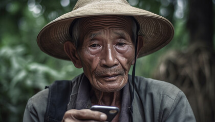 A smiling farmer in a straw hat working outdoors, looking at camera generated by AI