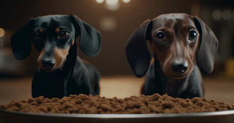 Cute puppy sitting, looking at camera, playing with food bowl generated by AI