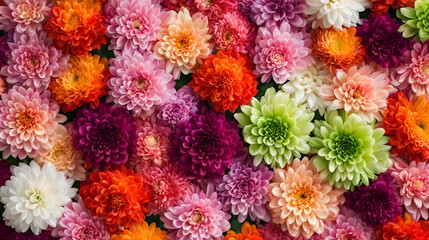 Fototapeta na wymiar A bunch of flowers are in a pile and the word love is on the bottom right, Flowers wall background with amazing red, orange, pink, purple, green and white chrysanthemum flowers