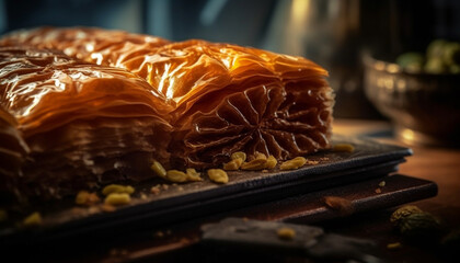 Freshly baked baklava, a sweet and indulgent homemade dessert generated by AI