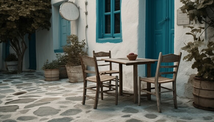 Obraz premium Wooden chair and table, surrounded by nature blue elegance generated by AI