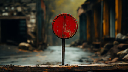 Urban background, red blank sign in abandoned area