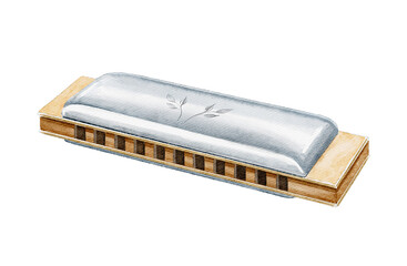 Silver and wooden harmonica isolated on white background. Watercolor hand drawn illustration sketch - obrazy, fototapety, plakaty